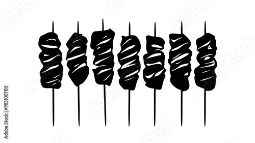 Skewered chicken pieces on a grill, all turned at a uniform angle, food vector graphic