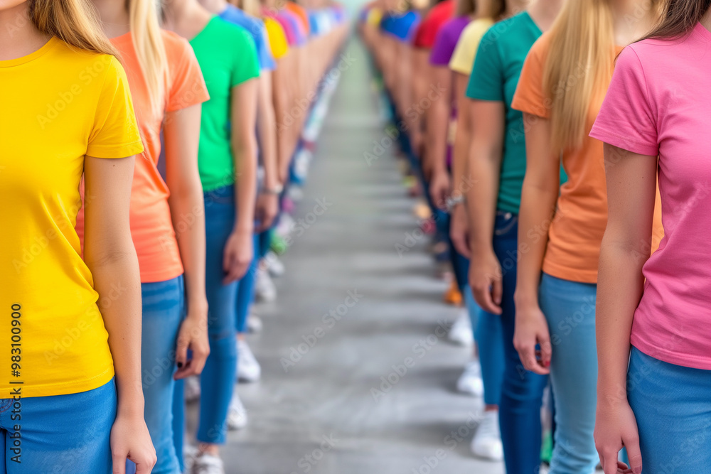 Row of People in Colorful T-Shirts Standing in Line Row of People in Colorful T-Shirts Standing in Line
