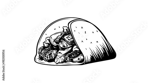 Soft taco partially open, showing an even distribution of meat and fresh vegetables, food vector illustration