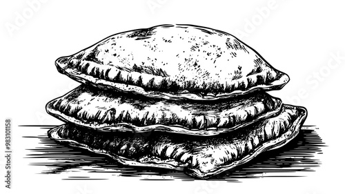Stack of vegetarian empanadas on a wooden table, food vector graphic