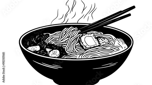 Steaming bowl of ramen noodles topped with vegetables and meat, with chopsticks, food illustration vector