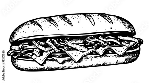 Sub sandwich open-faced, showing combination of meat, cheese, and vegetables inside, food vector graphic