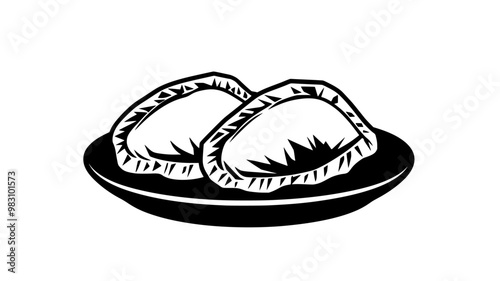 Two vegetarian empanadas side by side on a small plate, food illustration vector