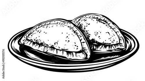 Two vegetarian empanadas side by side on a small plate, food vector illustration