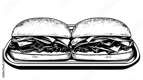 Two sub sandwiches on a tray, each containing meat, cheese, and fresh vegetables, food illustration vector