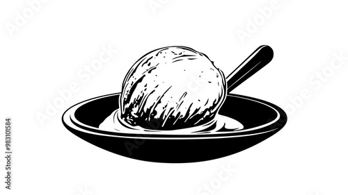 Vanilla ice cream scoop on a dessert plate, melting under warm lighting, food illustration vector
