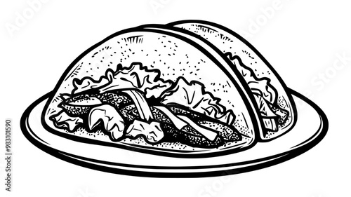 Two soft tacos with lettuce, tomatoes, and meat, folded neatly on a plain plate, food vector graphic