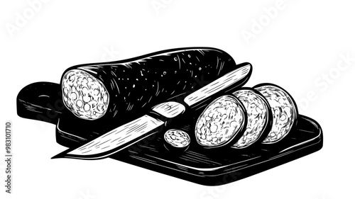 Whole chorizo and slices displayed with a knife on a cutting board, food vector illustration