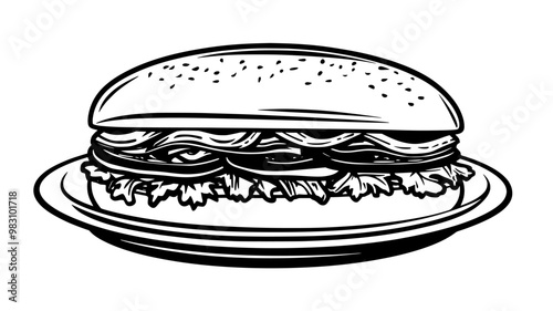 Veggie sub sandwich placed on a plate filled with fresh vegetables, food vector graphic