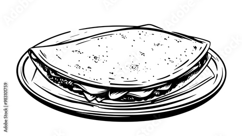 Whole quesadilla uncut, lying flat on a plate with a visible cheese bulge, food vector graphic