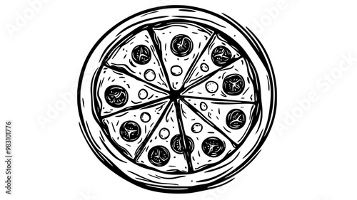 Whole Margherita pizza with tomato base and evenly distributed toppings, food vector graphic