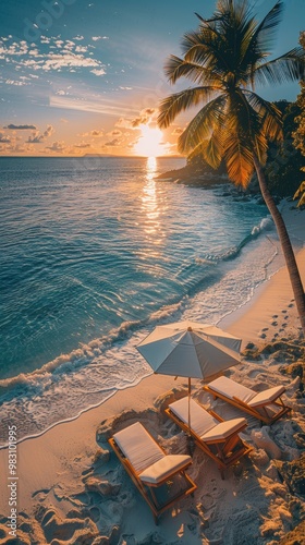 Two beach chairs and an umbrella on the white sand of a tropical island with palm trees at sunset, a summer vacation concept banner for a hotel or travel advertisement.  photo