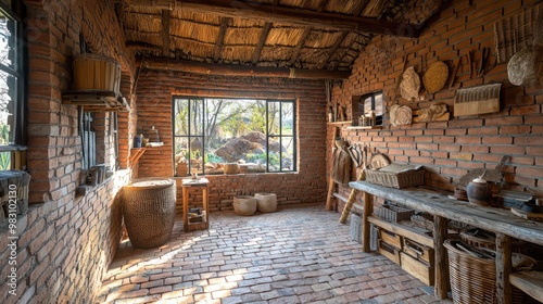 An artisana??s workshop with brick walls and a thatched roof, showcasing how traditional materials can combine to offer effective insulation in a picturesque setting