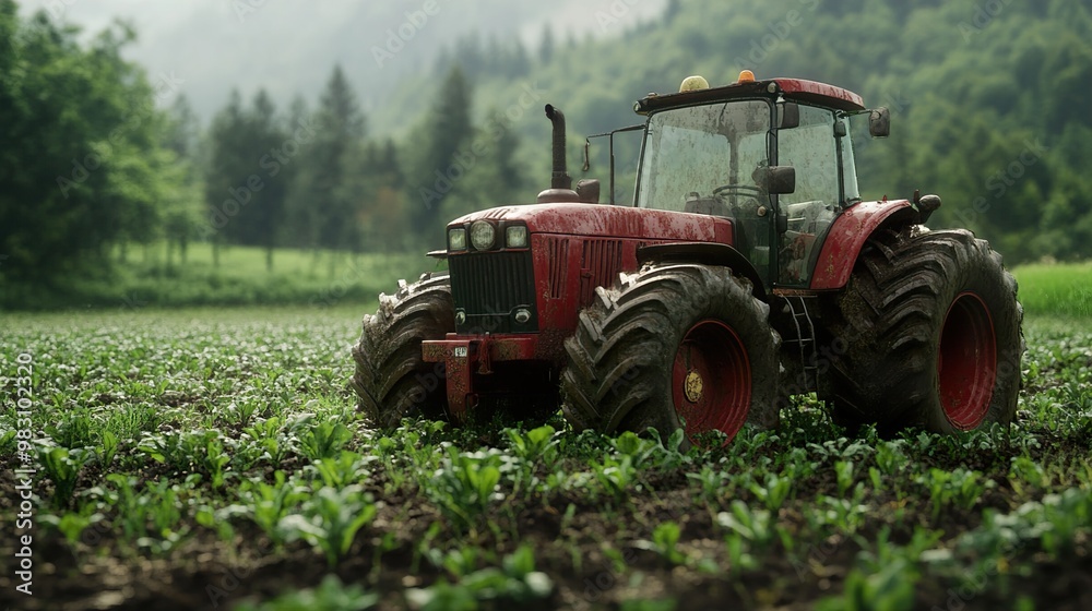 Red Tractor in a Lush Green Field Red Tractor in a Lush Green Field