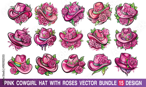 Pink Cowgirl Hat with Roses Artistic T-shirt Design, a detailed hand-drawn illustration on a crisp white background. Ideal vector art for stylish t-shirt prints with a country and floral theme.