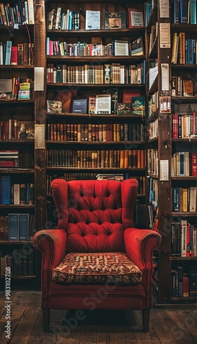 Cozy home library featuring neatly organized books and a comfortable reading chair