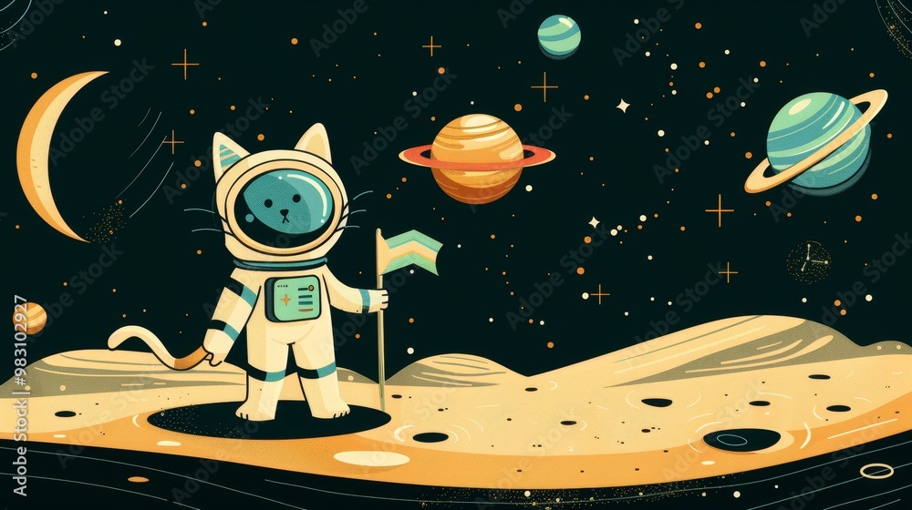 A cute cat astronaut plants a flag on the moon, surrounded by planets and stars. A cute cat astronaut plants a flag on the moon, surrounded by planets and stars.