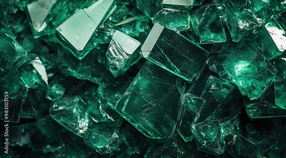 Close-up of shattered green crystals, with sharp edges and intricate textures. The dark emerald hues create a sense of mystery and elegance, perfect for backgrounds or abstract concepts Close-up of shattered green crystals, with sharp edges and intricate textures. The dark emerald hues create a sense of mystery and elegance, perfect for backgrounds or abstract concepts