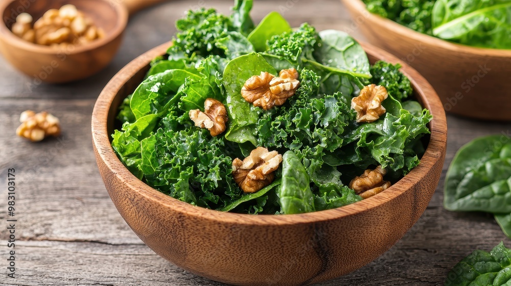 Fresh kale salad with walnuts served in a wooden bowl, perfect for healthy eating and vibrant meal ideas. Fresh kale salad with walnuts served in a wooden bowl, perfect for healthy eating and vibrant meal ideas.