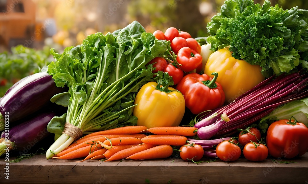 Vibrant Mix of Fresh Vegetables and Fruits on a Wooden Table Including Bell Peppers Carrots and Eggplant Celebrating Healthy Eating and Nutrition Vibrant Mix of Fresh Vegetables and Fruits on a Wooden Table Including Bell Peppers Carrots and Eggplant Celebrating Healthy Eating and Nutrition