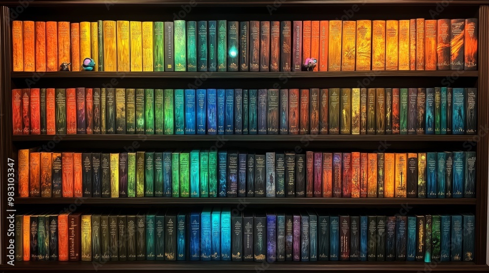 Fototapeta premium Vibrant Multicolored Bookshelf Backdrop with Colorful Book Spines in Library or Bookstore