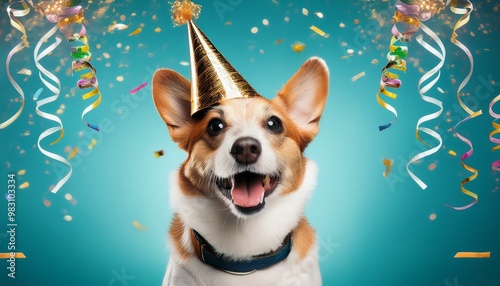 Happy and excited party dog for New Year, birthdays with streamers and party hat