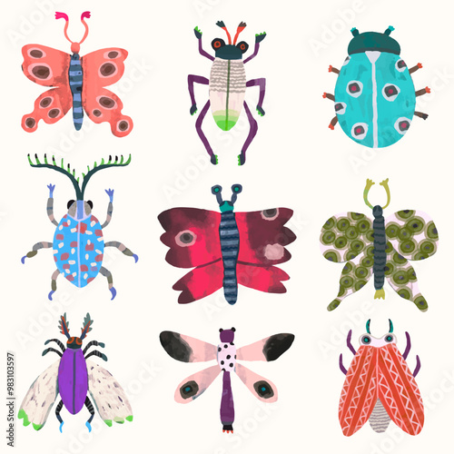 Butterflys dragonfly bug and ladybug. watercolor painting vector of cute insect. isolated animal illustration.	
