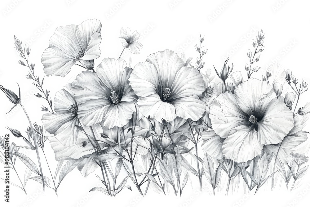 A delicate pencil drawing of a cluster of wildflowers, their petals rendered in soft, gray tones. A delicate pencil drawing of a cluster of wildflowers, their petals rendered in soft, gray tones.