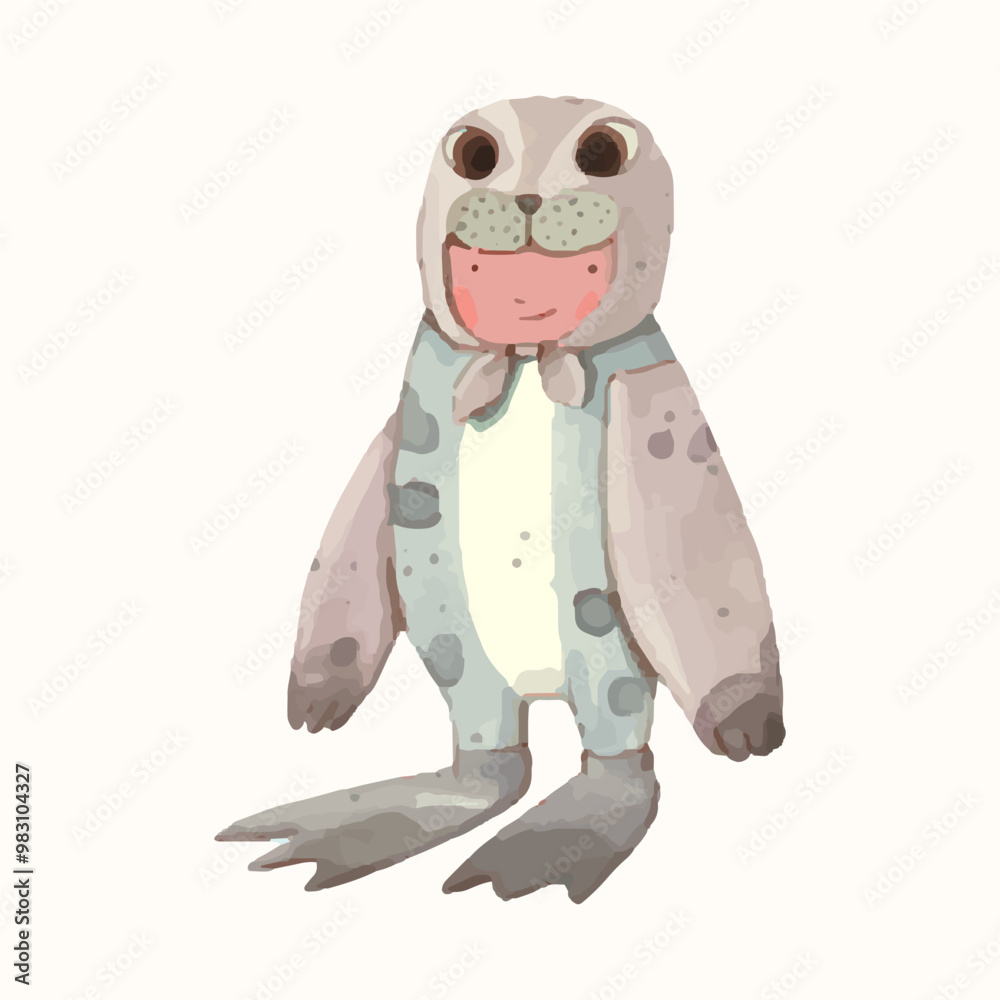 Obraz premium kids playing as animals. Wildlife and child watercolor vector illustration. seal
