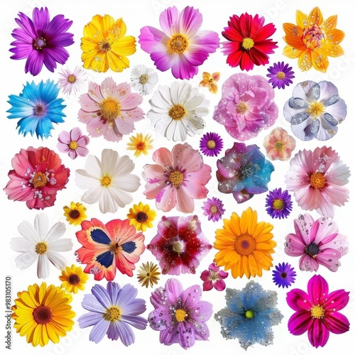 collage photo elements isolated on white, flowers with glitter, ultra details stylize 50