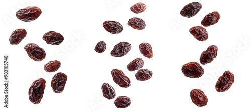 Set of Falling raisin isolated on white background, clipping path, full depth of field
