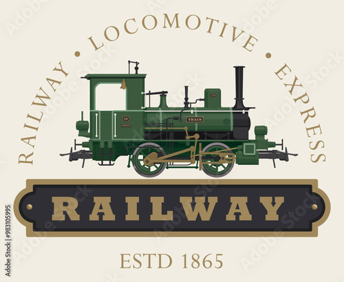 vector retro logo or emblem with a drawing of an old railway steam locomotive in cartoon style with the inscription railway express locomotive