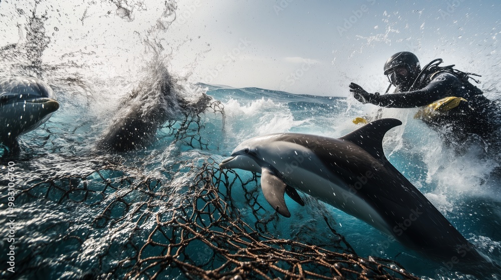 Fototapeta premium Rescue team works to free dolphins entangled in fishing nets. Divers cut through the nets as dolphins struggle in the water against a backdrop of rippling waves and clear sky.