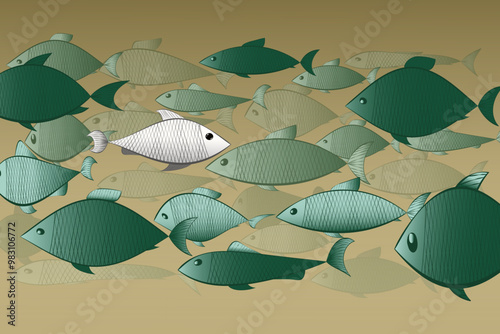 school of fish is the same grey and one white against the current - abstract society, ordinary, vision be different, unique personality or standing out from the crowd, leadership quality