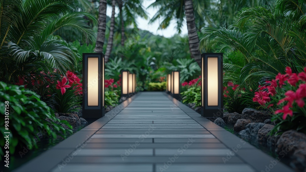 Fototapeta premium A tranquil pathway illuminated by sleek lamps surrounded by lush greenery and vibrant flowers, inviting a serene outdoor experience.