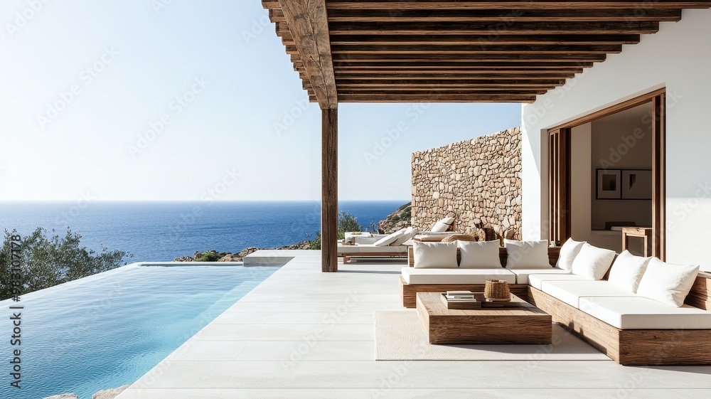 Fototapeta premium A stunning outdoor living space with modern furniture, infinity pool, and breathtaking ocean views under clear blue skies.