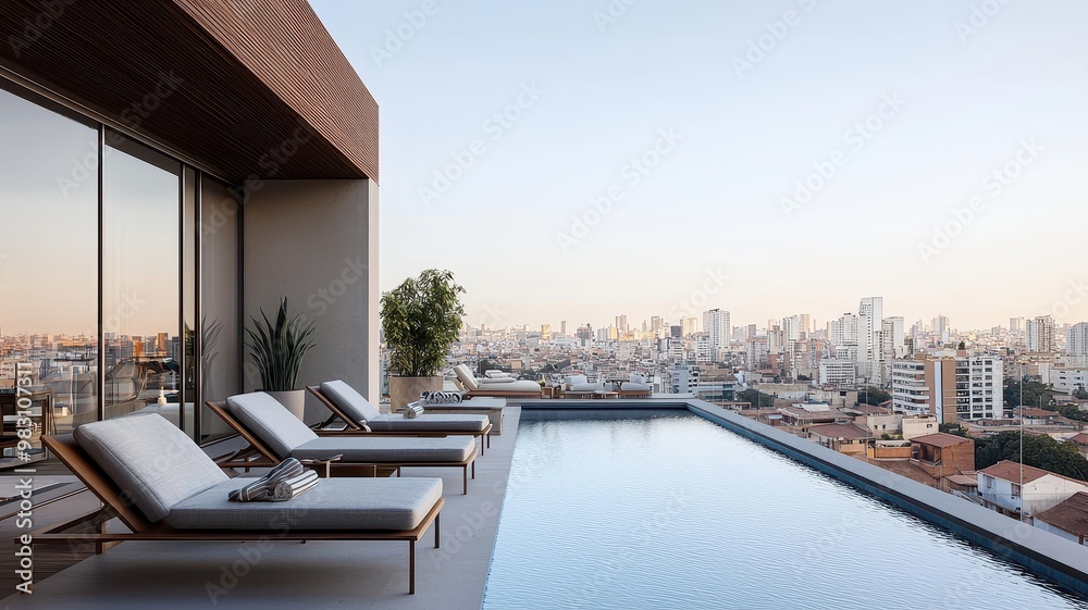 Fototapeta premium Elegant outdoor poolside view overlooking a city skyline, featuring modern lounge chairs and a serene atmosphere.