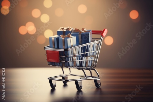 Shopping cart with gifts on bokeh background. Black Friday, Boxing Day and Chrismas discounts. E-commerce, retail, and marketing. Holiday gift-giving photo