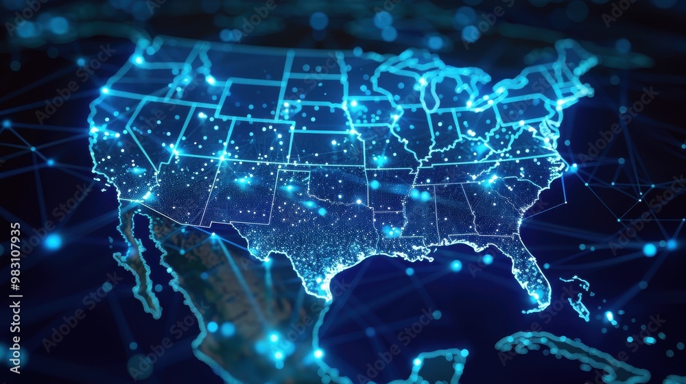 A futuristic digital map of the United States with glowing blue lines representing connectivity. A futuristic digital map of the United States with glowing blue lines representing connectivity.