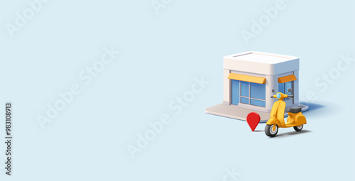 Yellow retro scooter, motorcycle, shop building, location icon, 3D. Banners for city store concepts, convenient transportation, services, and products. Vector