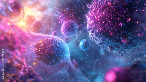 Microscopic view of breast cancer cells with sharp, intricate details on a light, sterile background