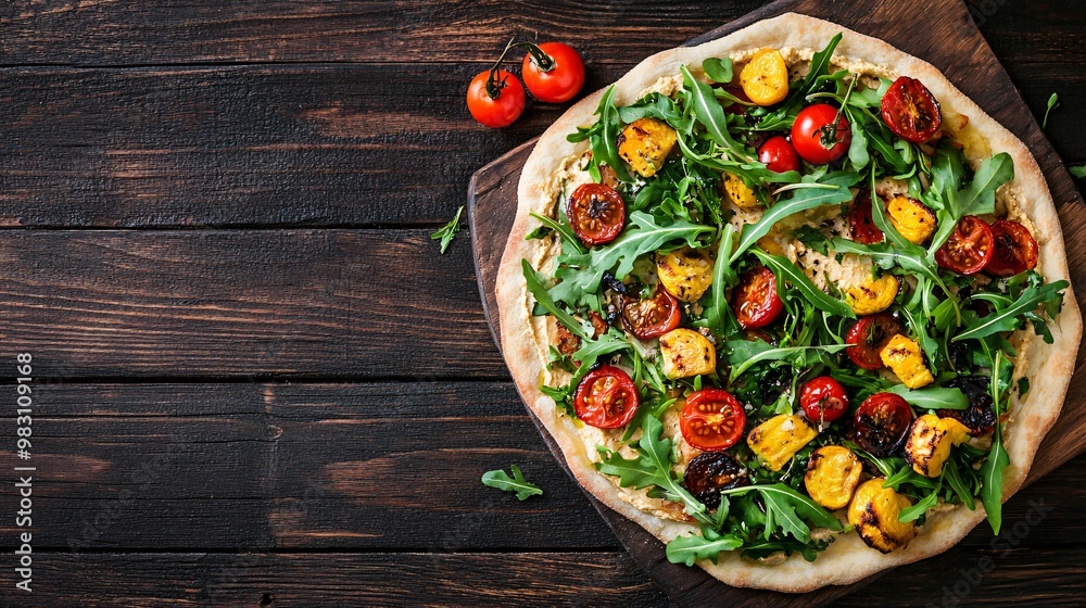 Roasted vegetable flatbread with hummus, arugula, and cherry tomatoes, isolated on a dark wood background Roasted vegetable flatbread with hummus, arugula, and cherry tomatoes, isolated on a dark wood background