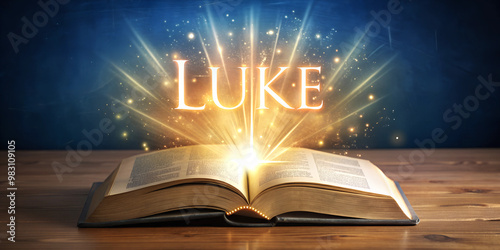  illustration, open book bible, Luke, word of god, light on the book, AI generated