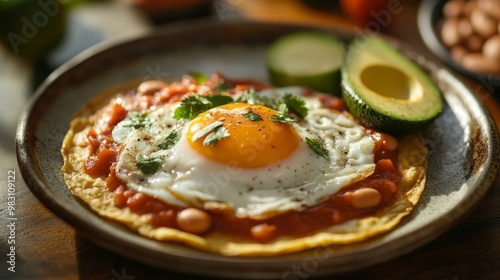 Huevos Rancheros: Fried eggs served on lightly fried tortillas, topped with a tomato-chili sauce, often accompanied by beans and avocado.