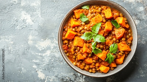 Spicy lentil and sweet potato curry, isolated on a light gray ceramic bowl