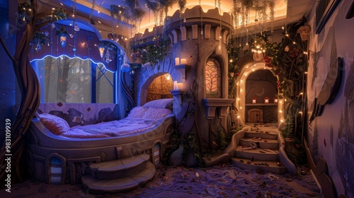 A magical fairytale bedroom with a large bed, glowing lights, and a castle-themed design.