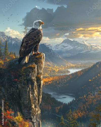 A majestic bald eagle perched on a rocky cliff overlooking a breathtaking mountain valley and a winding river.  The sky is ablaze with the colors of a stunning sunset. photo