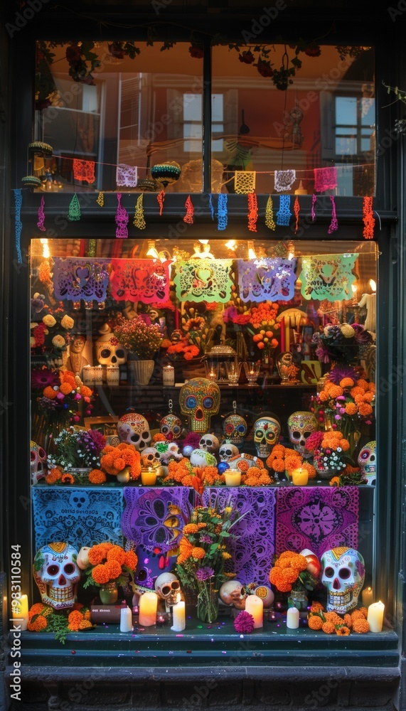 Obraz premium Vibrant Día de los Muertos Shop Window Display with Sugar Skulls, Marigolds, and Candles at Night