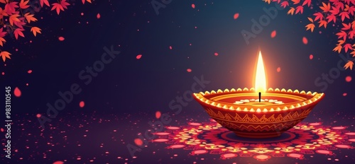 A beautifully lit diya floating amidst colorful autumn leaves, symbolizing light and positivity. Perfect for Diwali celebrations and festive promotions. photo