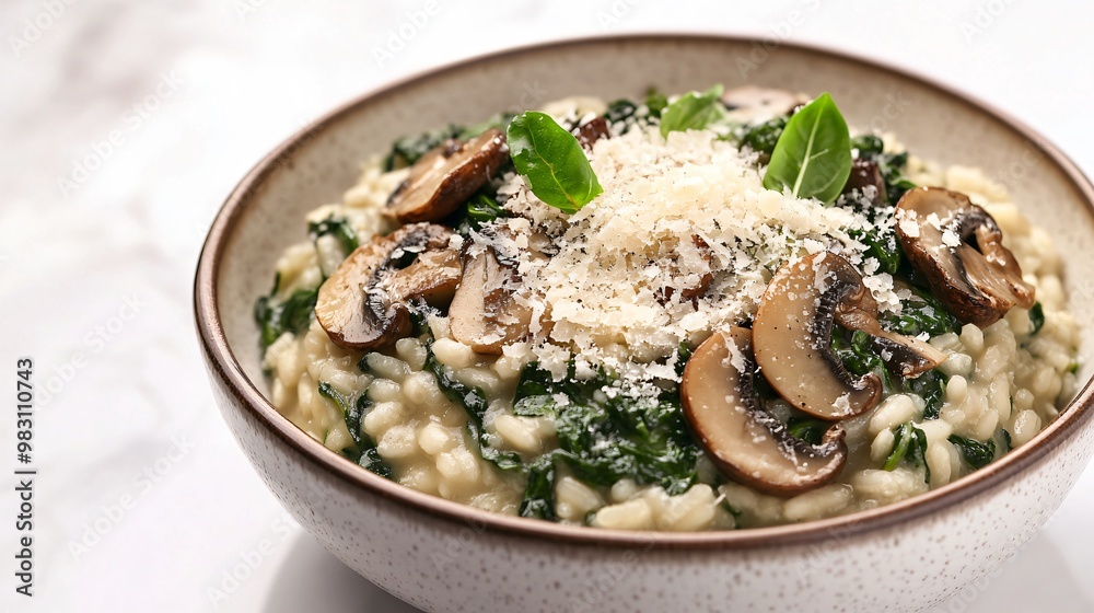 Spinach and mushroom risotto, garnished with Parmesan cheese, isolated on a white marble background Spinach and mushroom risotto, garnished with Parmesan cheese, isolated on a white marble background